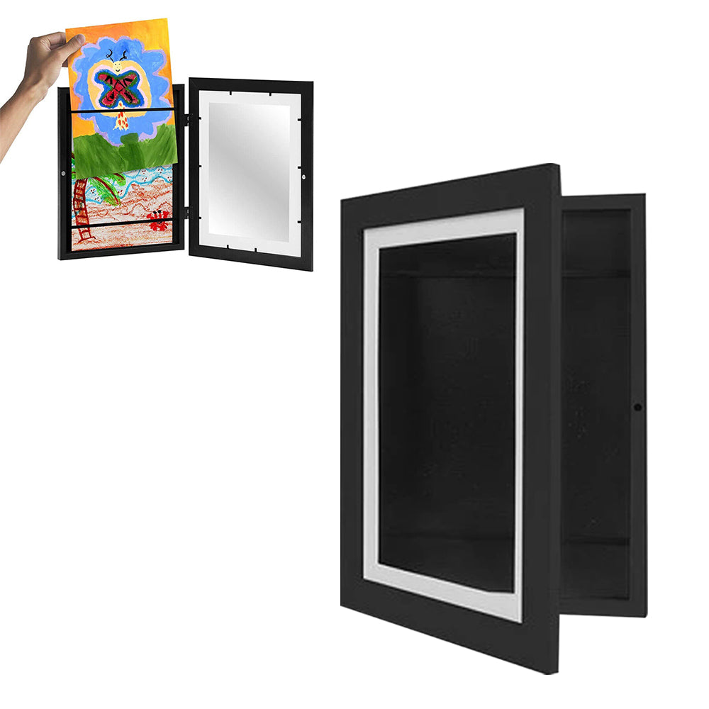 Wall Art 2pcs Kids Art Frames Wooden Artwork Display Holds up to 150 Sheets of A4 Paper -Black