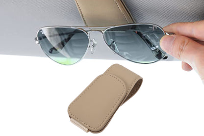 Sunglass Holder for Car Visor Magnetic Leather Sunglass Holder Sunglasses Holder and Ticket Card Clip Accessories-Beige