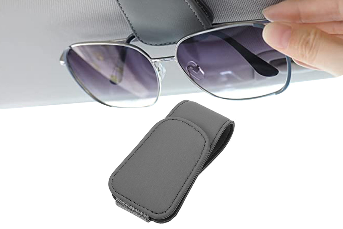 Sunglass Holder for Car Visor Magnetic Leather Sunglass Holder Sunglasses Holder and Ticket Card Clip Accessories-Grey