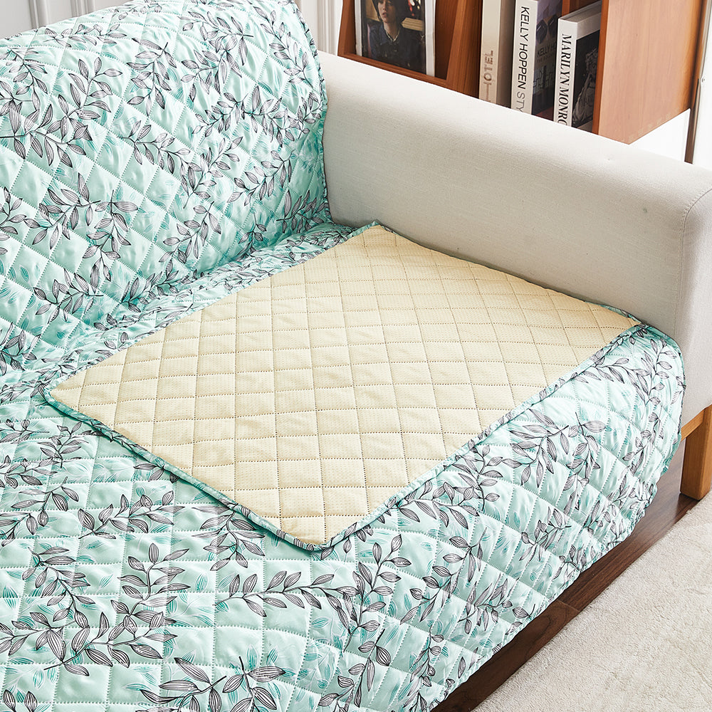 Sofa Cover Leaves Printed T-Shaped Sofa Cover Non Slip Couch Cover Sofa Slipcover Furniture Protector-Light blue