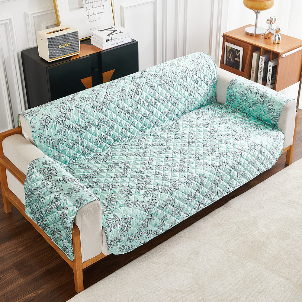 Sofa Cover Leaves Printed T-Shaped Sofa Cover Non Slip Couch Cover Sofa Slipcover Furniture Protector-Light blue