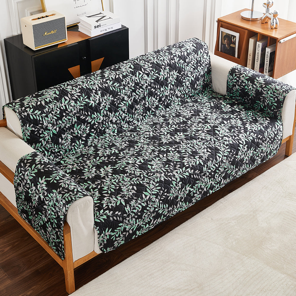 Sofa Cover Leaves Printed T-Shaped Sofa Cover Non Slip Couch Cover Sofa Slipcover Furniture Protector-Black