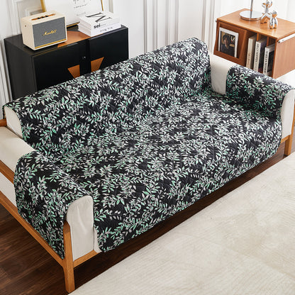 Sofa Cover Leaves Printed T-Shaped Sofa Cover Non Slip Couch Cover Sofa Slipcover Furniture Protector-Black