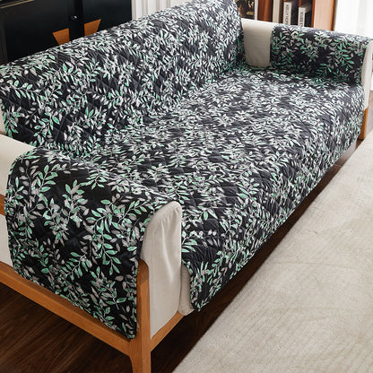 Sofa Cover Leaves Printed T-Shaped Sofa Cover Non Slip Couch Cover Sofa Slipcover Furniture Protector-Black