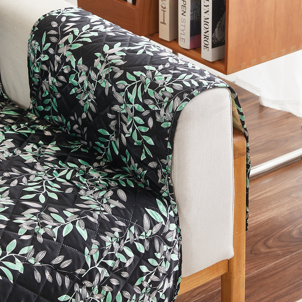 Sofa Cover Leaves Printed T-Shaped Sofa Cover Non Slip Couch Cover Sofa Slipcover Furniture Protector-Black