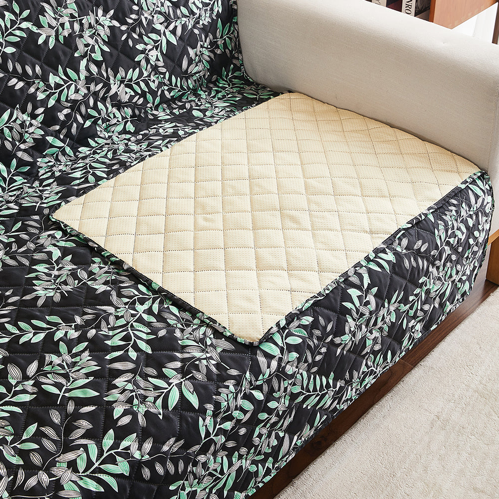 Sofa Cover Leaves Printed T-Shaped Sofa Cover Non Slip Couch Cover Sofa Slipcover Furniture Protector-Black