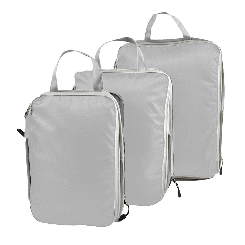 Set of 3Pcs Travel Compressible Packing Cube Pouch Clothes Storage Bags Suitcase Luggage Organizer -Grey