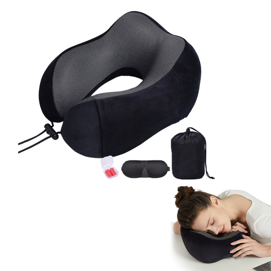 Travel Neck Pillow for Airplane Memory Foam Sleeping Pillow with Eyemask and Earplugs -Black