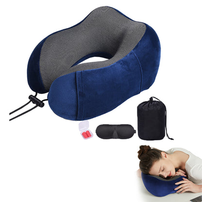 Travel Neck Pillow for Airplane Memory Foam Sleeping Pillow with Eyemask and Earplugs -Blue