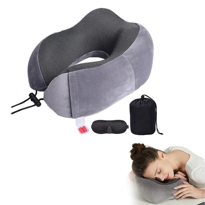 Travel Neck Pillow for Airplane Memory Foam Sleeping Pillow with Eyemask and Earplugs -Grey
