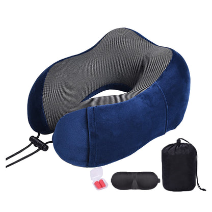 Travel Neck Pillow for Airplane Memory Foam Sleeping Pillow with Eyemask and Earplugs -Blue