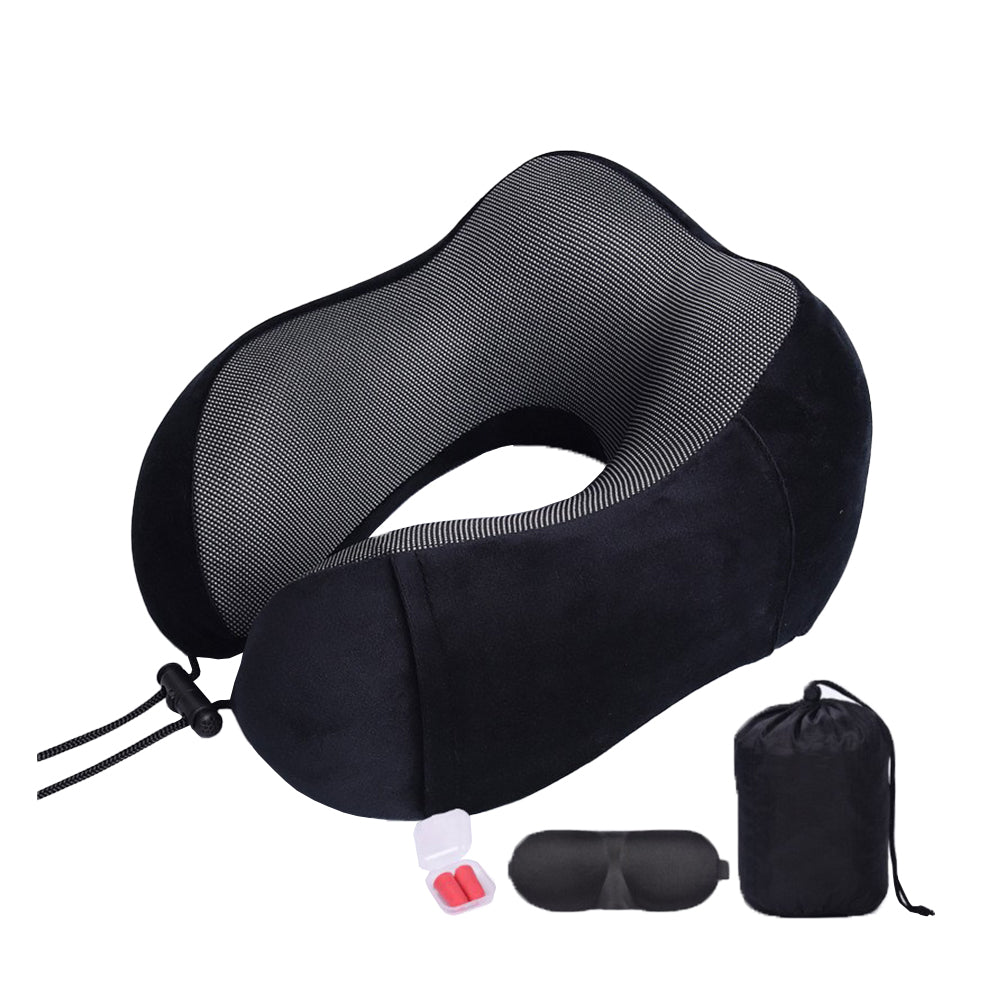 Travel Neck Pillow for Airplane Memory Foam Sleeping Pillow with Eyemask and Earplugs -Black
