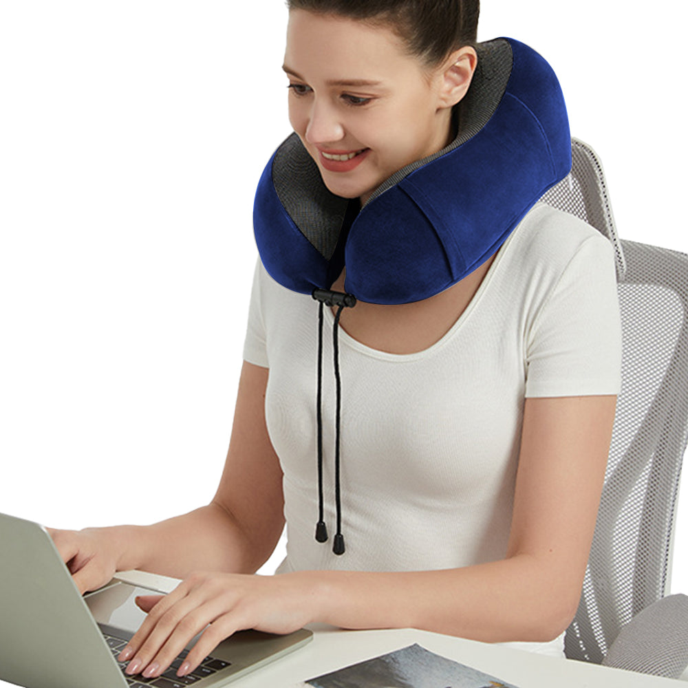 Travel Neck Pillow for Airplane Memory Foam Sleeping Pillow with Eyemask and Earplugs -Blue