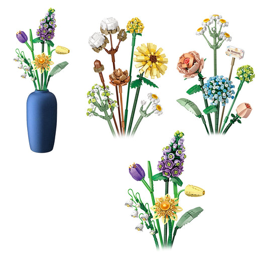 3pcs Flower Bouquet Building Blocks Kit DIY Unique Decoration Artificial Flowers for Home -Sunflower and Blue flower and Purple Campanula