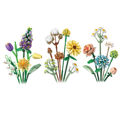 3pcs Flower Bouquet Building Blocks Kit DIY Unique Decoration Artificial Flowers for Home -Sunflower and Blue flower and Purple Campanula