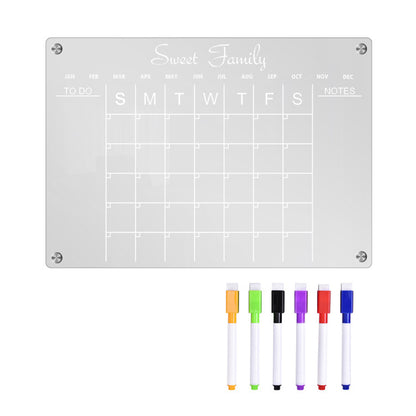 Acrylic Magnetic Dry Erase Board Reusable Monthly Calendar Planning Board for Refrigerator with 6 Pens -L