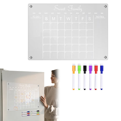 Acrylic Magnetic Dry Erase Board Reusable Monthly Calendar Planning Board for Refrigerator with 6 Pens -L