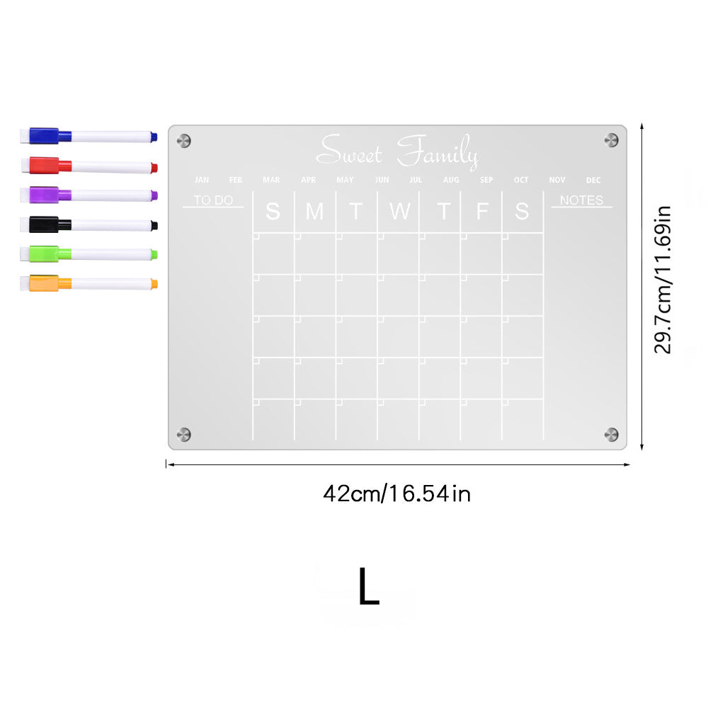 Acrylic Magnetic Dry Erase Board Reusable Monthly Calendar Planning Board for Refrigerator with 6 Pens -L