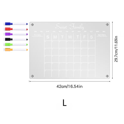 Acrylic Magnetic Dry Erase Board Reusable Monthly Calendar Planning Board for Refrigerator with 6 Pens -L