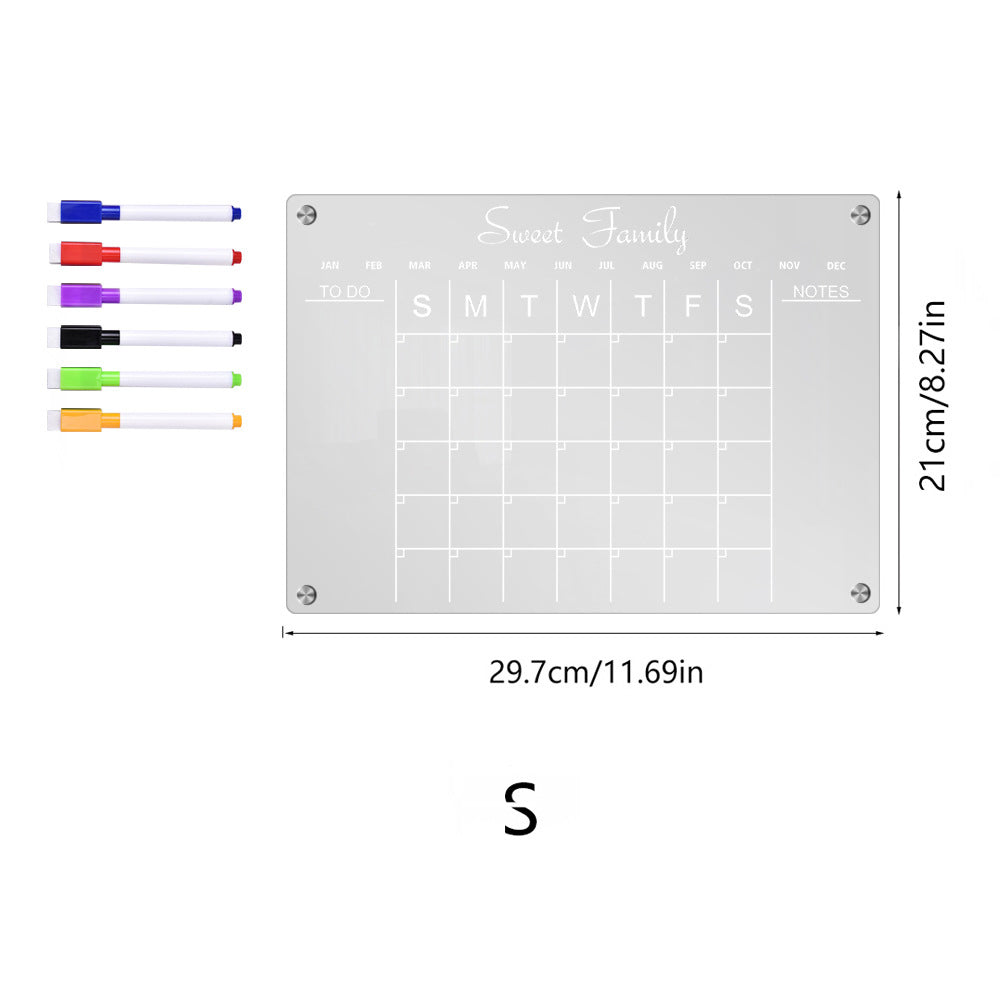 Acrylic Magnetic Dry Erase Board Reusable Monthly Calendar Planning Board for Refrigerator with 6 Pens -L