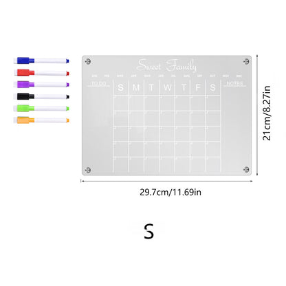 Acrylic Magnetic Dry Erase Board Reusable Monthly Calendar Planning Board for Refrigerator with 6 Pens -L