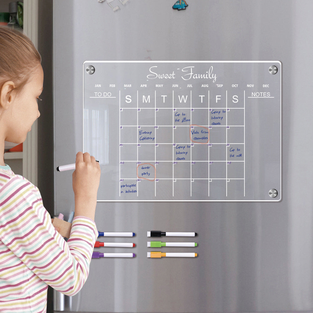 Acrylic Magnetic Dry Erase Board Reusable Monthly Calendar Planning Board for Refrigerator with 6 Pens -L