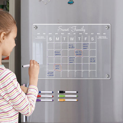 Acrylic Magnetic Dry Erase Board Reusable Monthly Calendar Planning Board for Refrigerator with 6 Pens -L