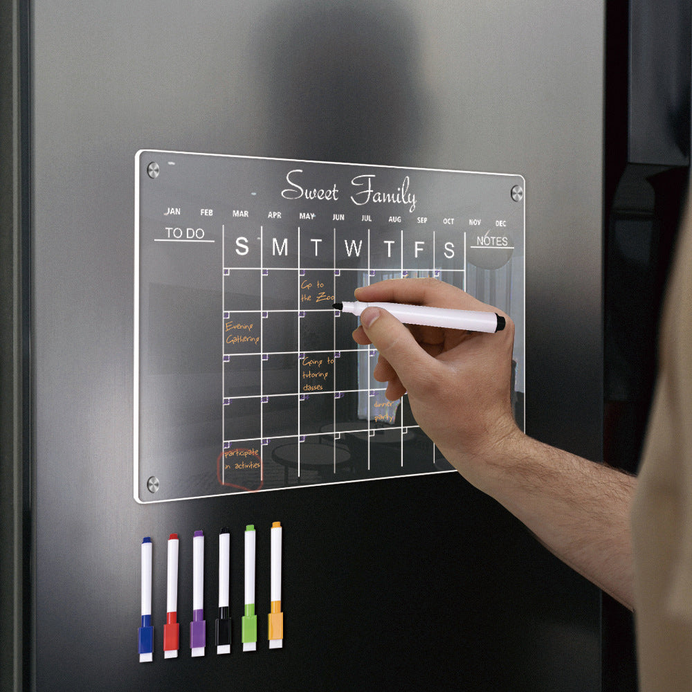 Acrylic Magnetic Dry Erase Board Reusable Monthly Calendar Planning Board for Refrigerator with 6 Pens -L