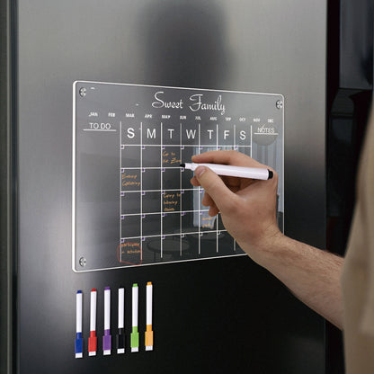 Acrylic Magnetic Dry Erase Board Reusable Monthly Calendar Planning Board for Refrigerator with 6 Pens -L