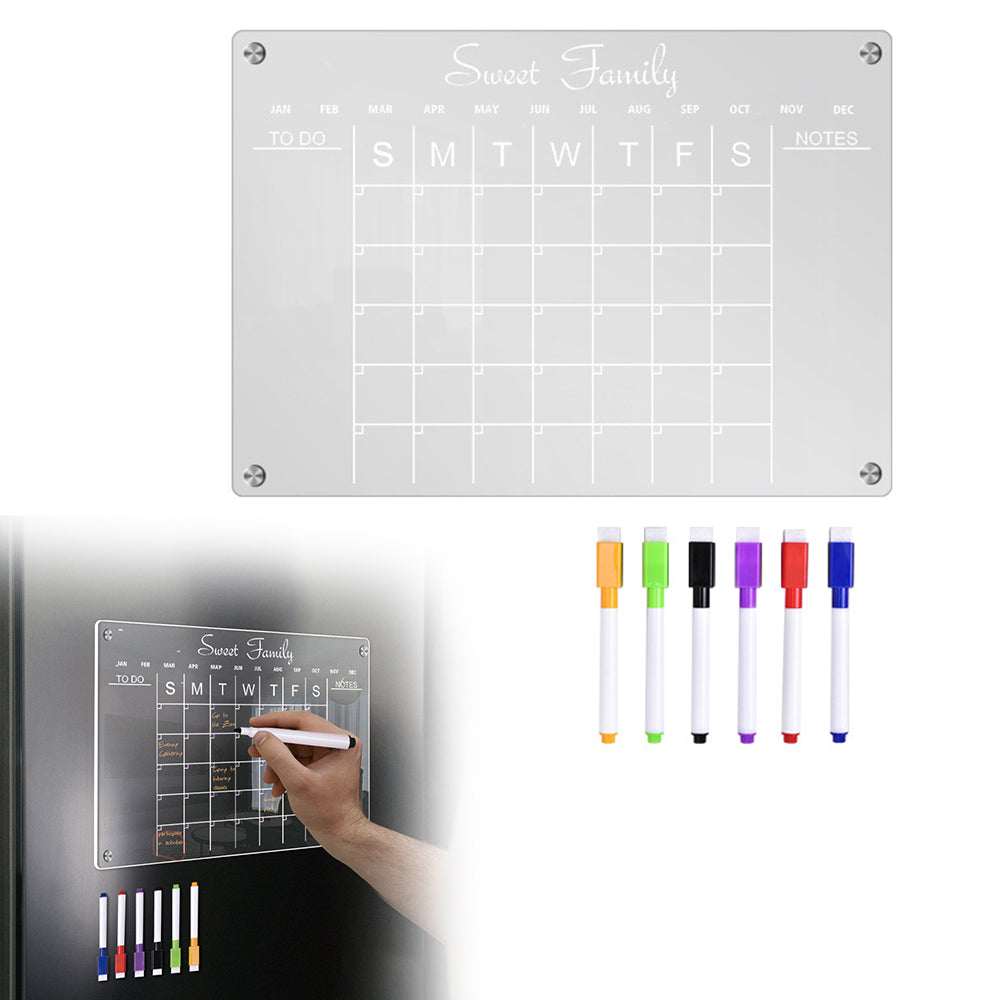Acrylic Magnetic Dry Erase Board Reusable Monthly Calendar Planning Board for Refrigerator with 6 Pens -L