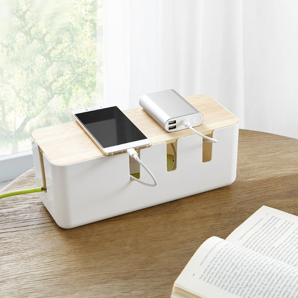 Cable Management Box Socket Safety Storage Organizer with Wood Lid