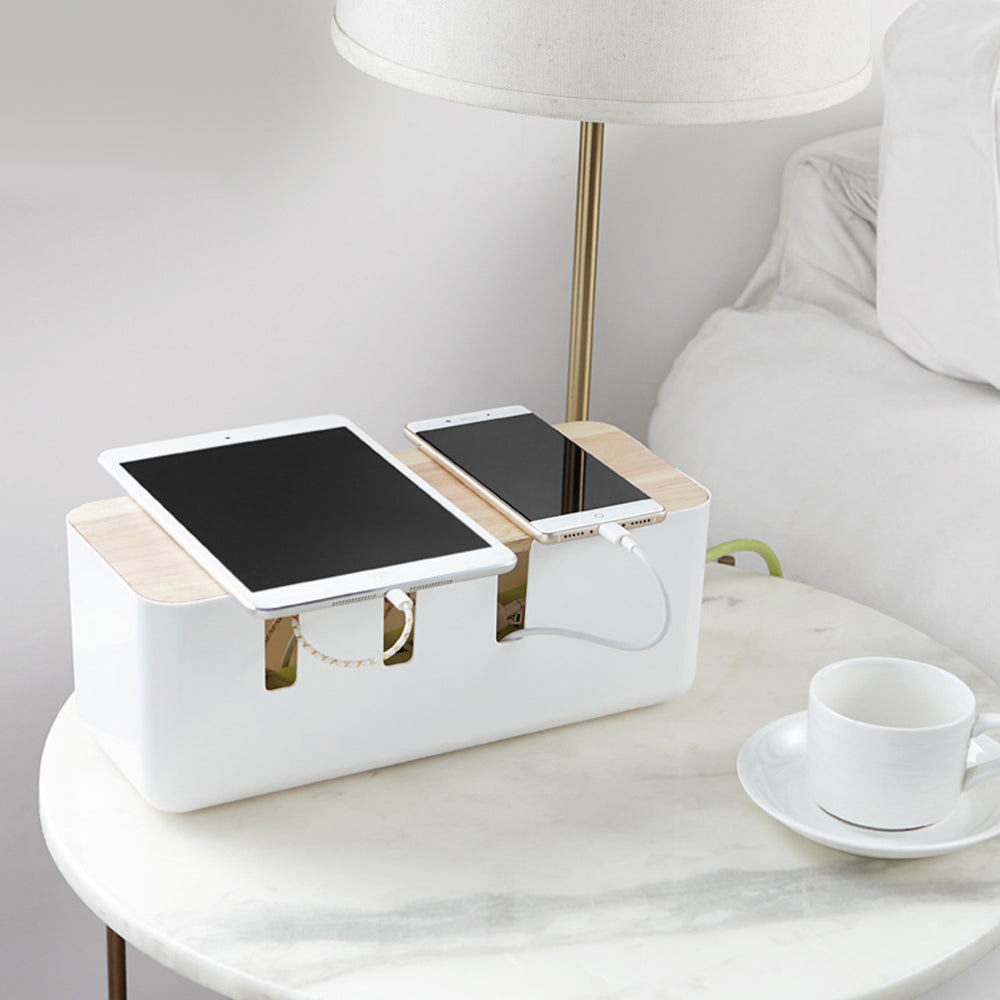 Cable Management Box Socket Safety Storage Organizer with Wood Lid
