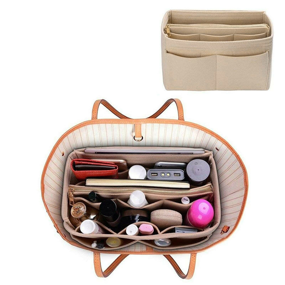 Felt Purse Organiser with Handbag Insert Liner Tote for Makeup Cloth Toys -Beige