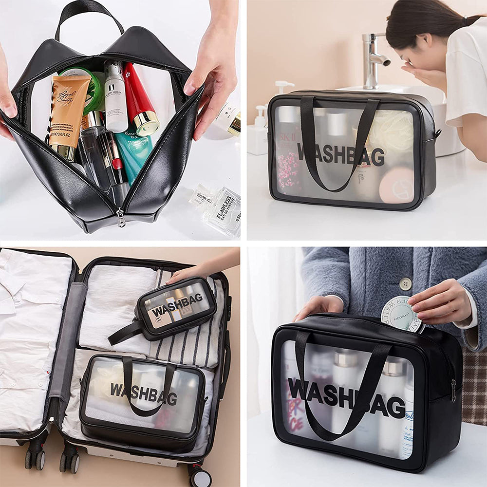 3Pcs PVC Cosmetic Bags for Makeup Travel Toiletry Wash Bags -Black