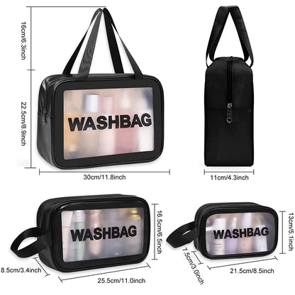 3Pcs PVC Cosmetic Bags for Makeup Travel Toiletry Wash Bags -Black