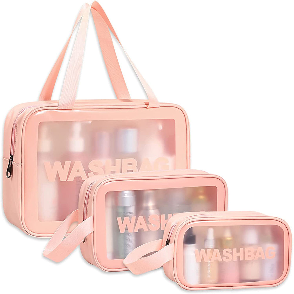3Pcs PVC Cosmetic Bags for Makeup Travel Toiletry Wash Bags -Pink