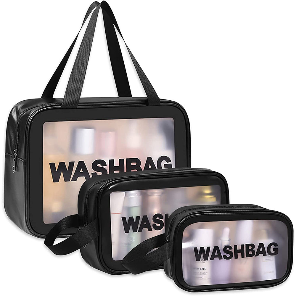 3Pcs PVC Cosmetic Bags for Makeup Travel Toiletry Wash Bags -Black