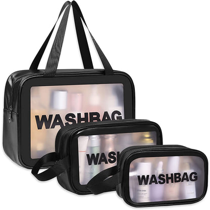 3Pcs PVC Cosmetic Bags for Makeup Travel Toiletry Wash Bags -Black