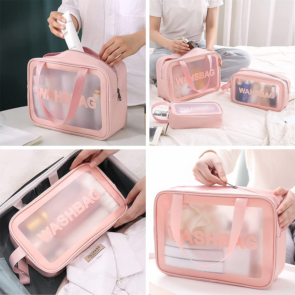 3Pcs PVC Cosmetic Bags for Makeup Travel Toiletry Wash Bags -Pink