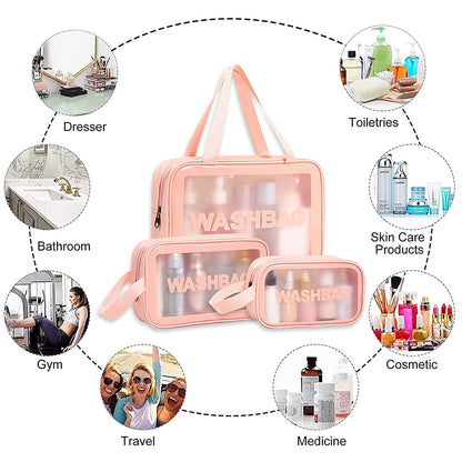 3Pcs PVC Cosmetic Bags for Makeup Travel Toiletry Wash Bags -Pink