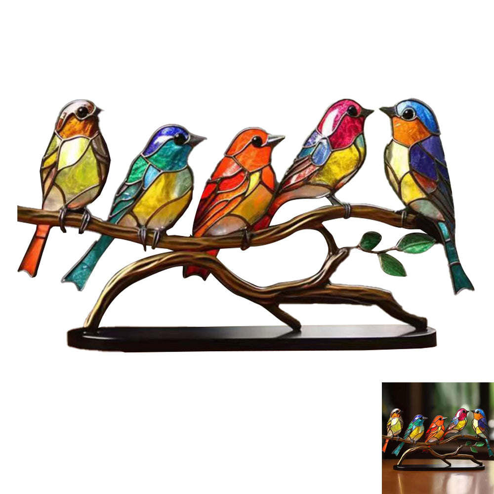 Stained Birds On Branch Desktop Ornaments Metal Table Art for Office Home Room Decoration-A branch of 5 birds