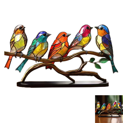 Stained Birds On Branch Desktop Ornaments Metal Table Art for Office Home Room Decoration-A branch of 5 birds