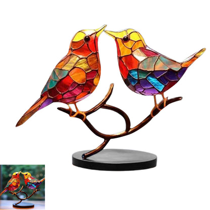 Stained Birds On Branch Desktop Ornaments Metal Table Art for Office Home Room Decoration-A branch of 2 birds