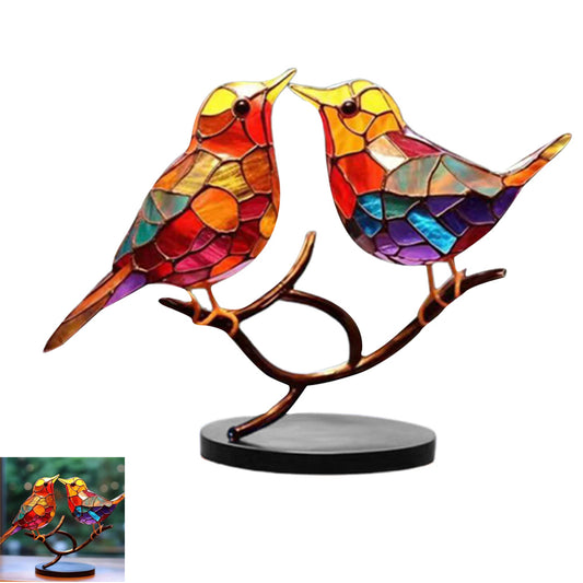 Stained Birds On Branch Desktop Ornaments Metal Table Art for Office Home Room Decoration-A branch of 2 birds