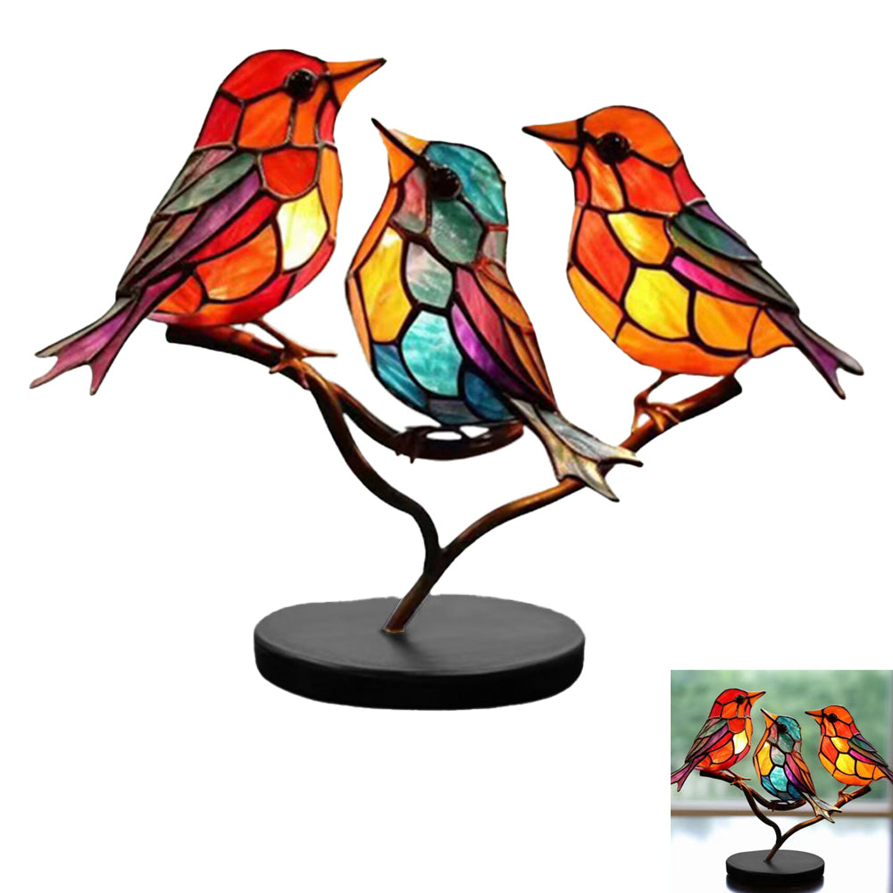 Stained Birds On Branch Desktop Ornaments Metal Table Art for Office Home Room Decoration-Three birds in one branch (relative direction)