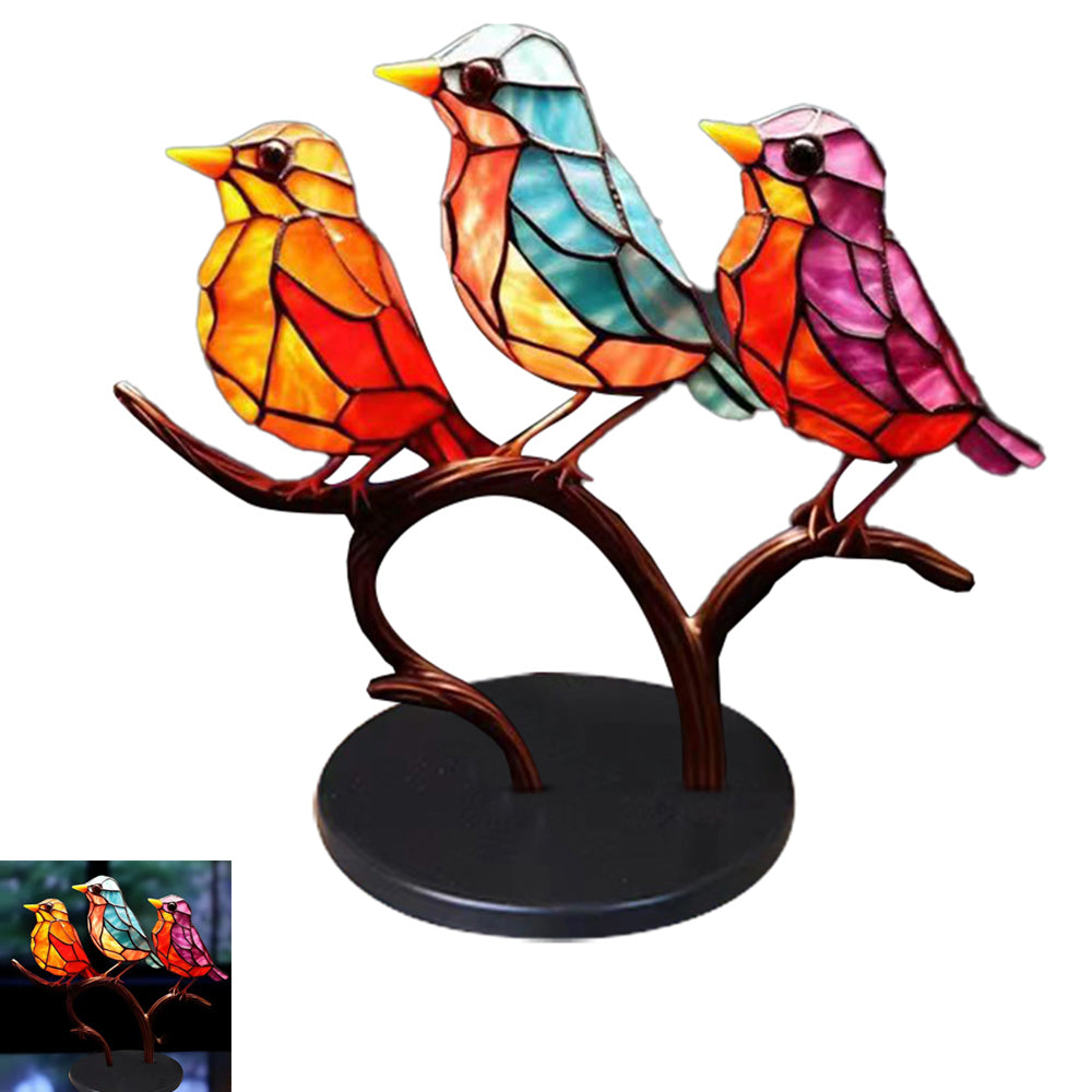 Stained Birds On Branch Desktop Ornaments Metal Table Art for Office Home Room Decoration-Three birds in one branch(same direction)