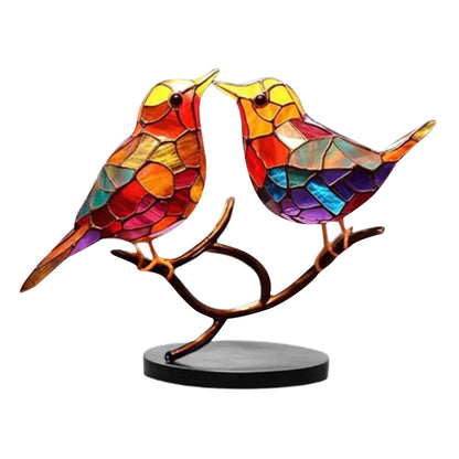 Stained Birds On Branch Desktop Ornaments Metal Table Art for Office Home Room Decoration-A branch of 2 birds