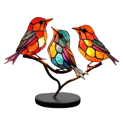 Stained Birds On Branch Desktop Ornaments Metal Table Art for Office Home Room Decoration-Three birds in one branch (relative direction)