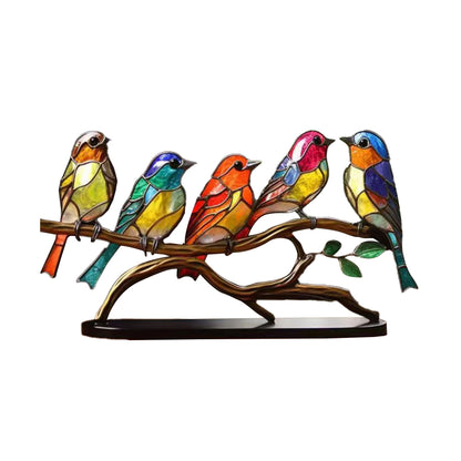 Stained Birds On Branch Desktop Ornaments Metal Table Art for Office Home Room Decoration-A branch of 5 birds