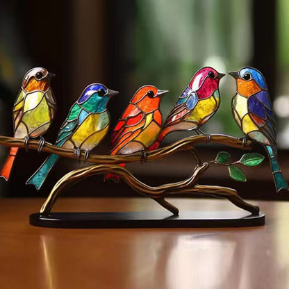 Stained Birds On Branch Desktop Ornaments Metal Table Art for Office Home Room Decoration-A branch of 5 birds